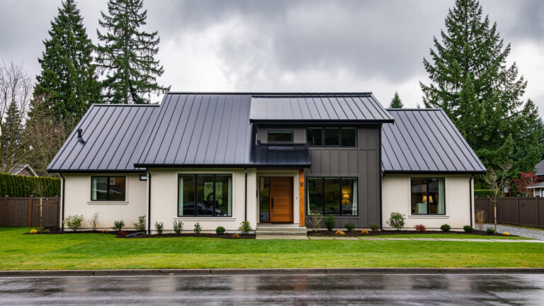 Dark charcoal standing seam metal roof on residential home in Seattle