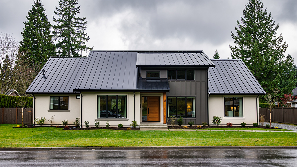 Dark charcoal standing seam metal roof on residential home in Seattle