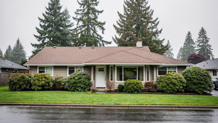 Residential home with asphalt shingle roof in Seattle neighborhood with evergreen trees