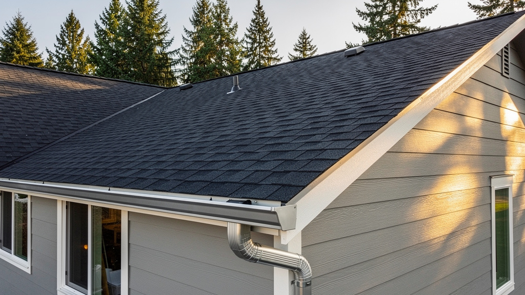 Completed roof replacement with new shingles on Seattle home