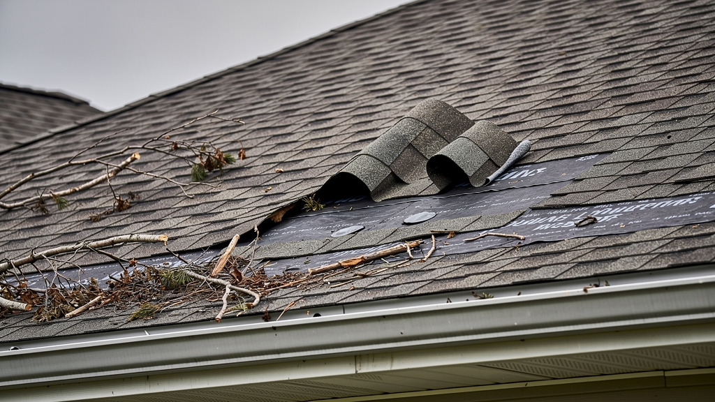 Wind-lifted shingles on Seattle residential roof after storm